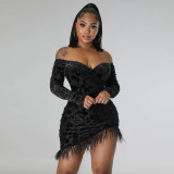 Fashion off shoulder sexy V-neck irregular hip wrap super tassel skirt