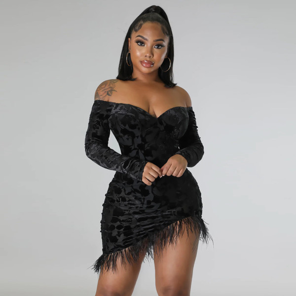 Fashion off shoulder sexy V-neck irregular hip wrap super tassel skirt