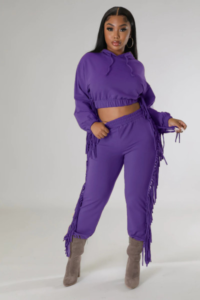 Open navel hooded sweater fashion tassel edge leggings autumn and winter two-piece set