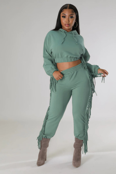 Open navel hooded sweater fashion tassel edge leggings autumn and winter two-piece set