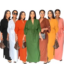 Loose waisted casual work dress with side slit summer commuter dress
