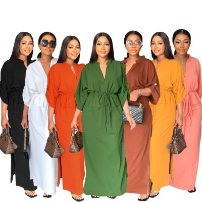 Loose waisted casual work dress with side slit summer commuter dress