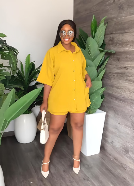 Solid lapel long shirt casual shorts suit women's two-piece set