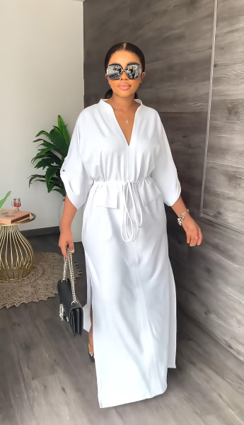 Loose waisted casual work dress with side slit summer commuter dress