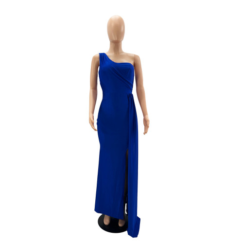 Sleeveless one shoulder sexy tight high waist split style evening dress dress
