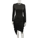 Temperament Slim Pleated Long Sleeve Spring Autumn Casual Dress