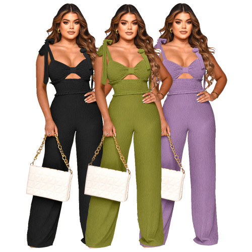 Temperament Open Back Waist Cut out Strap Casual Straight Jumpsuit