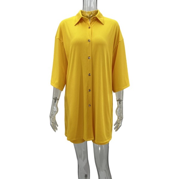 Solid lapel long shirt casual shorts suit women's two-piece set