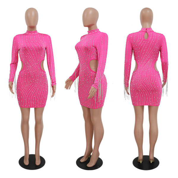 Fashion half high collar chain tassel sexy hip bag long sleeve autumn and winter hot drill dress
