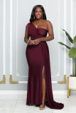Sleeveless one shoulder sexy tight high waist split style evening dress dress