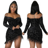 Fashion off shoulder sexy V-neck irregular hip wrap super tassel skirt