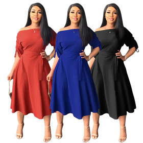 Slotted Neck Waist Loose Swing Split Commuter Casual Dress