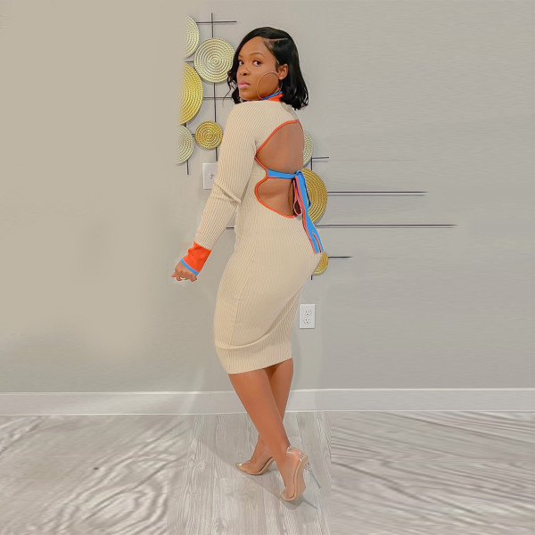 Knitted big hole strip sexy backless dress