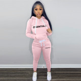 Plush drawstring letter print two piece hood (including pocket)