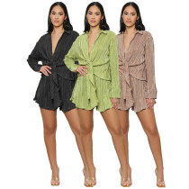 Casual strap long sleeve top fashionable pleated shorts two-piece set Casual strap long sleeve top fashionable pleated shorts two-piece set