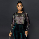 Sexy round neck perspective polyester mesh splicing velvet loose jumpsuit fashion hot drilling