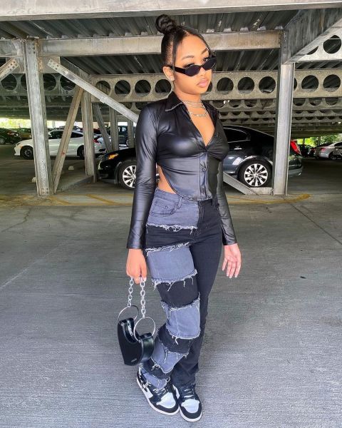 Popular color block splicing straight zipper jeans