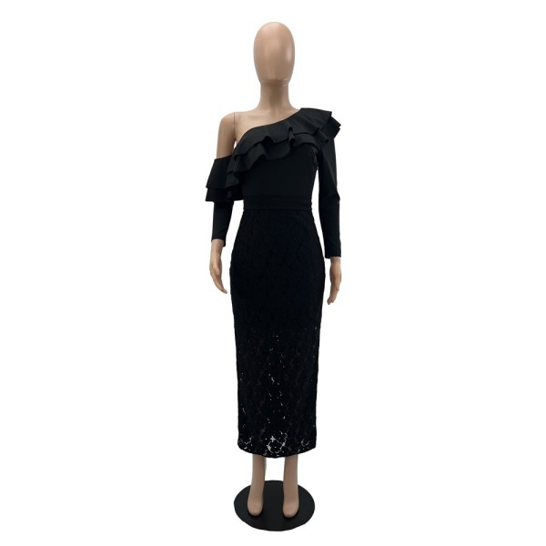 One Shoulder Lotus Leaf Style Evening Dress Slim Lace Hip Wrap Dress