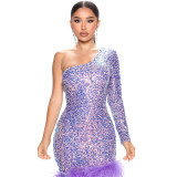 Fashionable sexy wrap hip A-line sequin dress one shoulder long sleeve dress