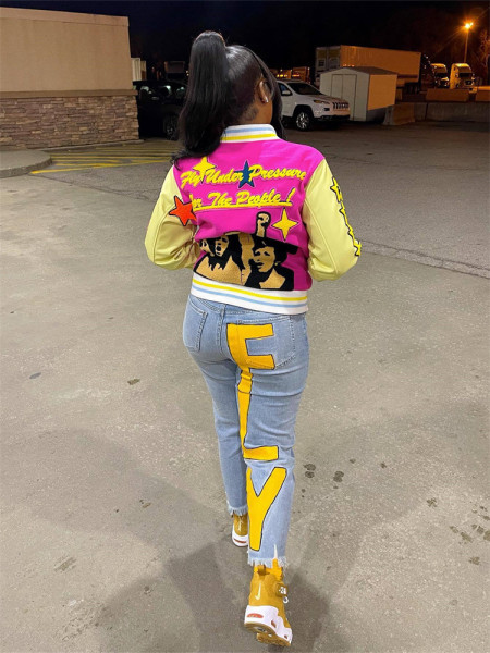 Fashion Versatile Single breasted Woolen Casual Jacket Printed Splice Bomber Jacket