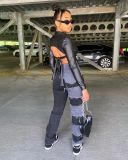 Popular color block splicing straight zipper jeans