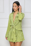 Casual strap long sleeve top fashionable pleated shorts two-piece set