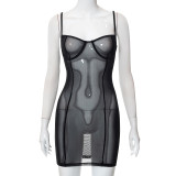 Strap Wrapped Chest Mesh Sexy Nightclub Spicy Girl Dress