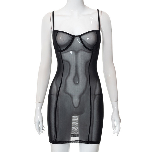 Strap Wrapped Chest Mesh Sexy Nightclub Spicy Girl Dress