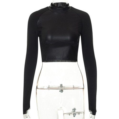 Clean color long sleeve splicing short PU street spice top