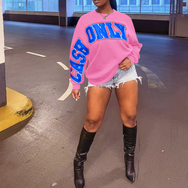 Fashion printed big letter casual loose round neck long sleeve sweater