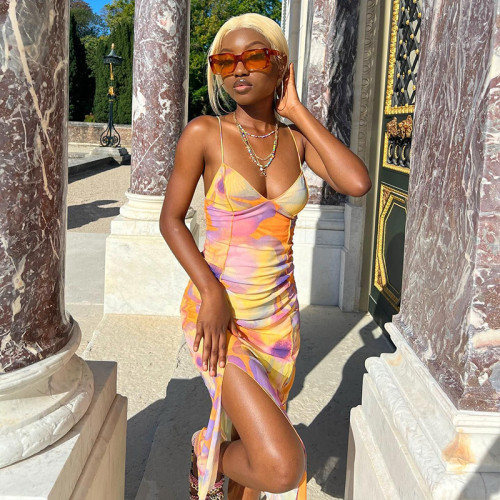 Street trendsetter printed V-neck hanging medium length split dress