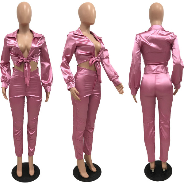 Sexy V-neck Lace up Slim Two Piece Set