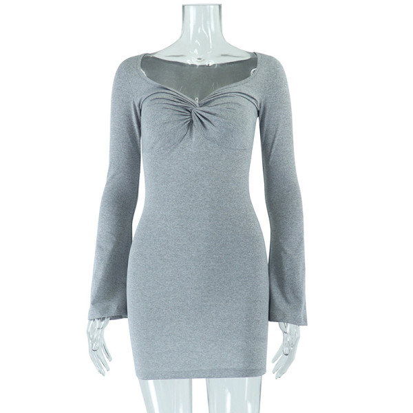 Street Trendy Solid Flare Sleeve Square Neck Wrap Hip Pullover Dress