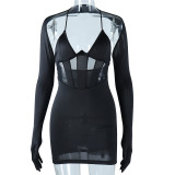 V-Neck Solid Color Sexy Mesh Panel Hip Wrap Long Sleeve Dress