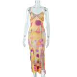 Street trendsetter printed V-neck hanging medium length split dress