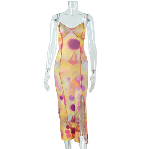 Street trendsetter printed V-neck hanging medium length split dress
