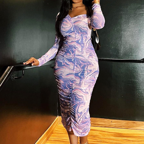 Autumn sloping neck pleated print long sleeve medium long pullover dress