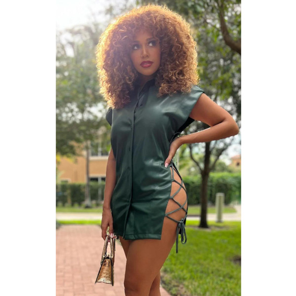 Fashion Women's Sleeveless Lace up V-Neck Solid Leather Shirt Top