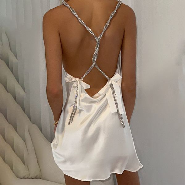 Clean color satin sleeveless large backless suspender hip wrap dress