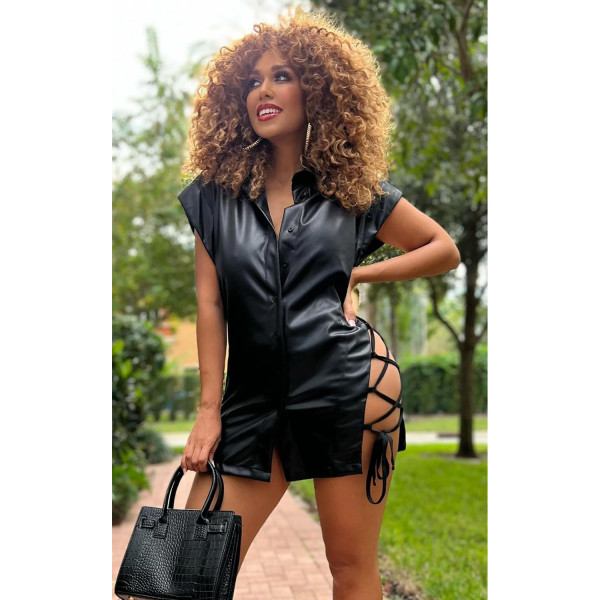 Fashion Women's Sleeveless Lace up V-Neck Solid Leather Shirt Top
