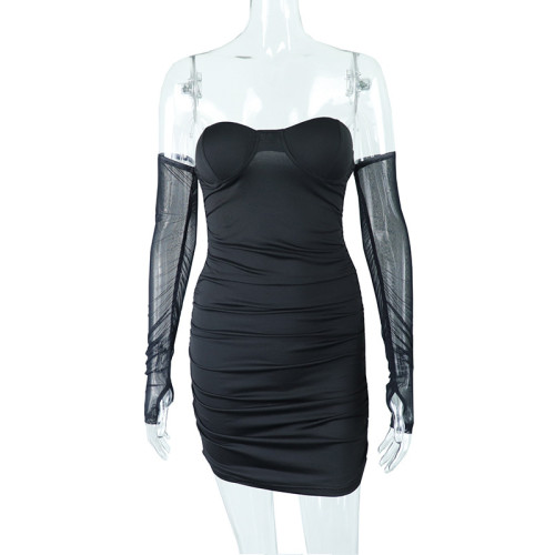 Temperament Commuter Bust Wrapping Backless Mesh Splice Long Sleeve Mid waist Hip Wrap Dress JD297026