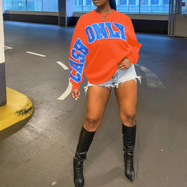 Fashion printed big letter casual loose round neck long sleeve sweater