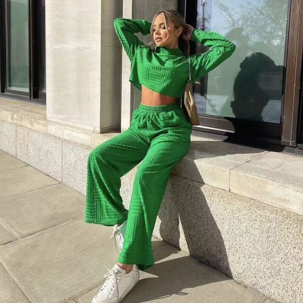 Autumn and winter casual fashion long sleeved hooded sweater wide leg pants two-piece set