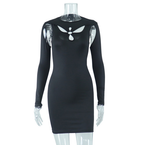 Round Neck Metal Hollow Solid Long Sleeve Hip Wrap Short Dress