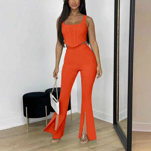 Solid color temperament commuter sleeveless vest with split leg fashion casual two sets