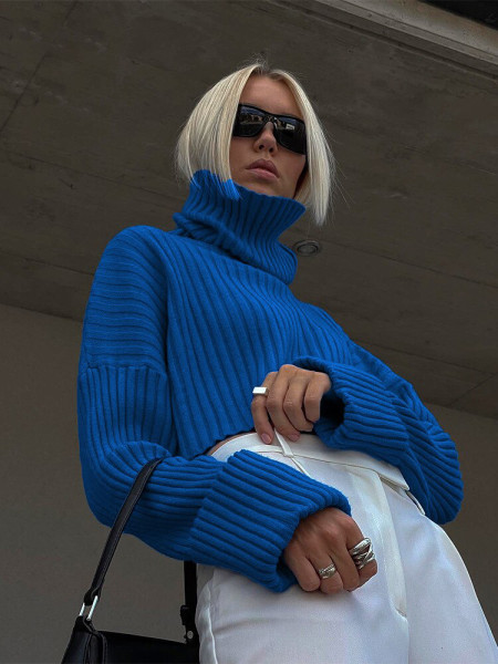 High Collar Woolen Sleeves Clean Color Short Sweater