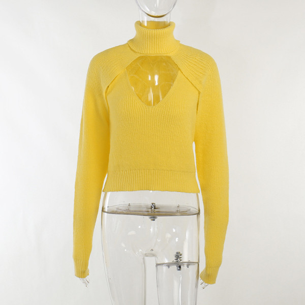 Autumn and winter temperament hollow sweater Fashion casual Versatile solid color high collar two-piece wool shirt