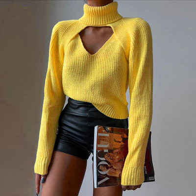 Autumn and winter temperament hollow sweater Fashion casual Versatile solid color high collar two-piece wool shirt