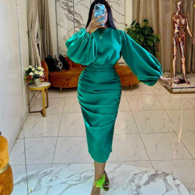 Lantern Sleeves Pleated Dress Ladies Fashion Comfortable Banquet Evening Dress
