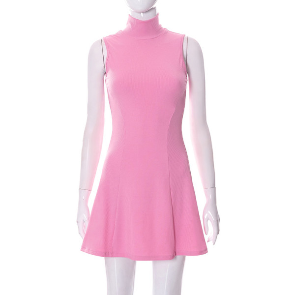 Half high collar sleeveless chest wrapped clean color hip wrapped casual fashion dress